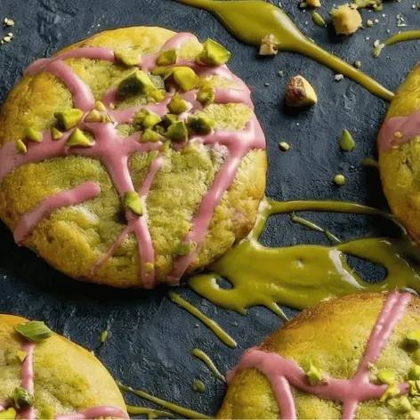 Pistachio cookies drizzled with ruby chocolate and chopped pistachios, made with pistachio praline